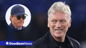 David Moyes smiling, Dan Friedkin in a baseball cap and glasses in a circular inset