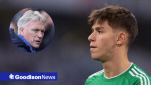 Sporting's Georgios Vagiannidis in action with Everton manager David Moyes in circular inset