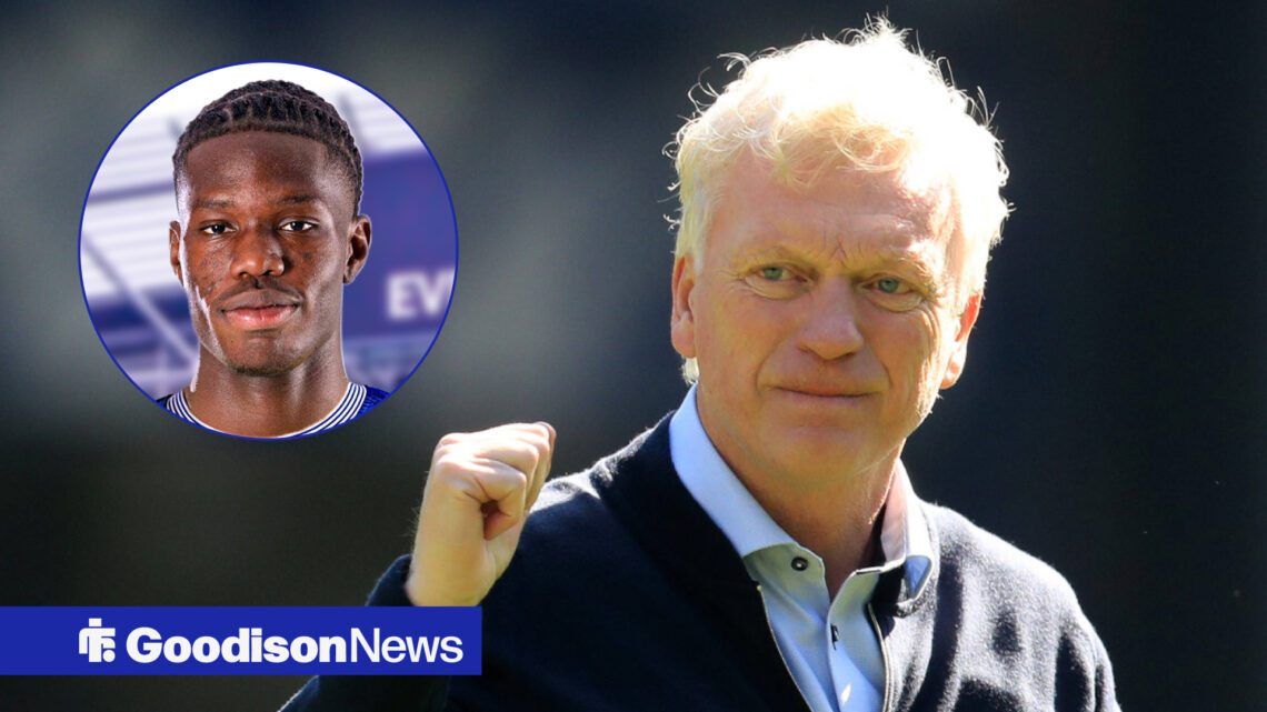 Everton manager David Moyes punches the air at Thierno Barry.