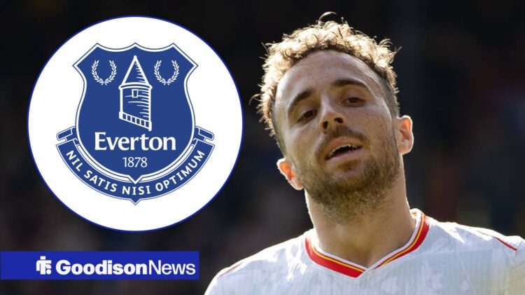 Everton badge and Liverpool forward Diogo Jota