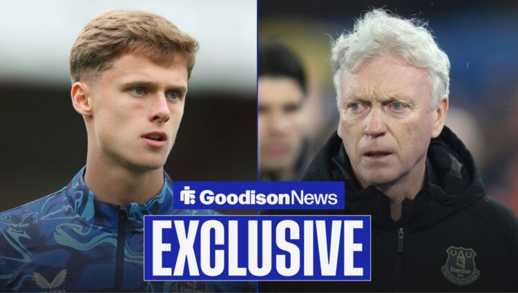 Goodison News exclusive as young Everton midfielder Harrison Armstrong stares at manager David Moyes.