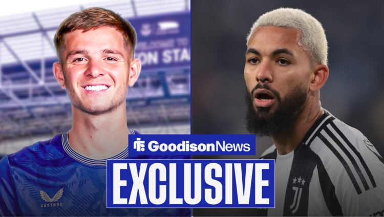 Everton-linked James McAtee smiles as Juventus' Douglas Luiz looks on.
