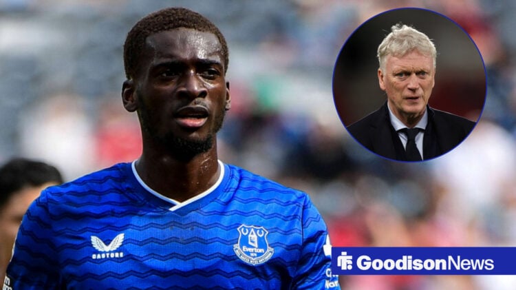 Tim Iroegbunam in Everton action, with David Moyes in circle frame inset
