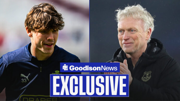 Goodison News exclusive as Southampton starlet Tyler Dibling smiles while Everton manager David Moyes applauds.