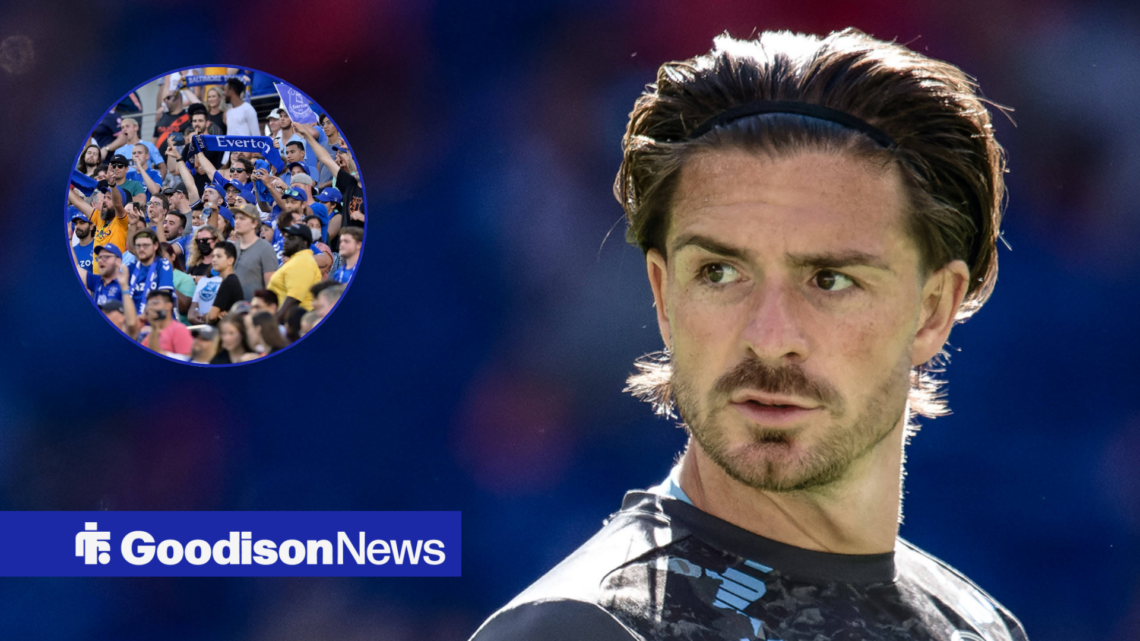 Jack Grealish in traning gear looking at Everton supporters in a circular inset.
