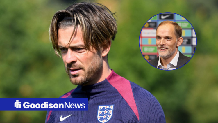 Everton midfielder Jack Grealish with insert of England boss Thomas Tuchel smiling