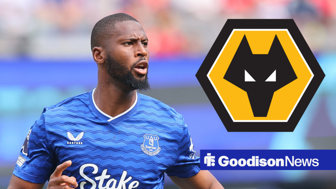 Everton striker Beto, with Wolves badge insert