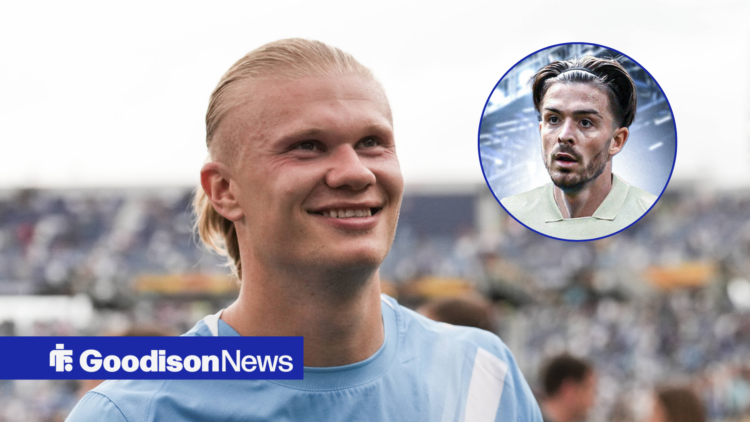 Manchester City striker Erling Haaland smiles, with Everton midfielder Jack Grealish insert