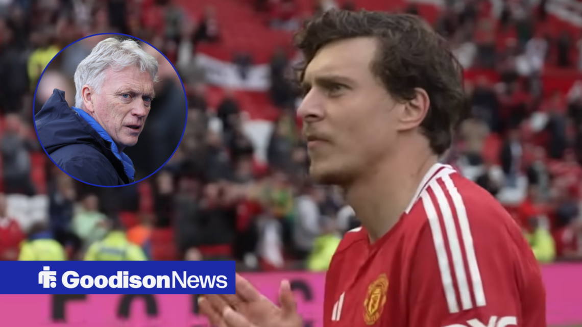 Victor Lindelof clapping while looking at a circle inset of David Moyes