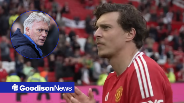 Victor Lindelof clapping while looking at a circle inset of David Moyes