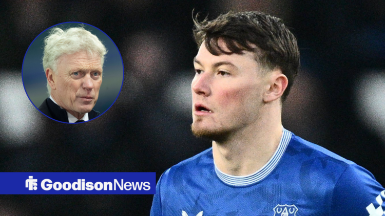 Nathan Patterson looking towards a picture of Everton manager David Moyes in a circle frame