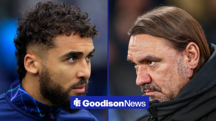 Dominic Calvert-Lewin looks to his left, while Daniel Farke looks towards him