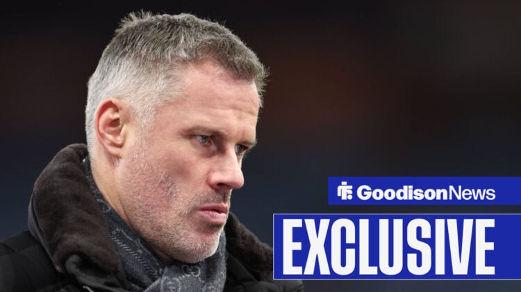 Jamie Carragher with Everton 'exclusive' banner inset.