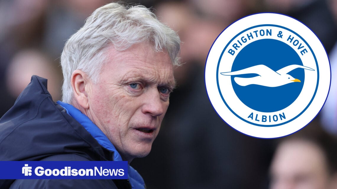David Moyes stares concernedly towards the Brighton badge, which features in a circular insert.