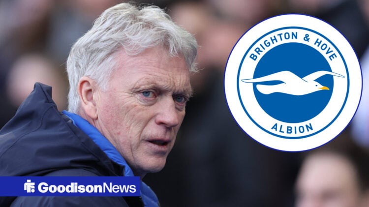 David Moyes stares concernedly towards the Brighton badge, which features in a circular insert.