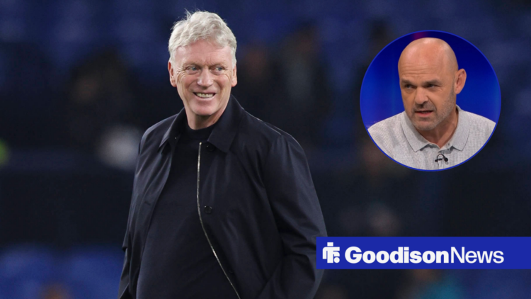 Everton manager David Moyes smiles across at pundit Danny Murphy, who features in a circular inset.