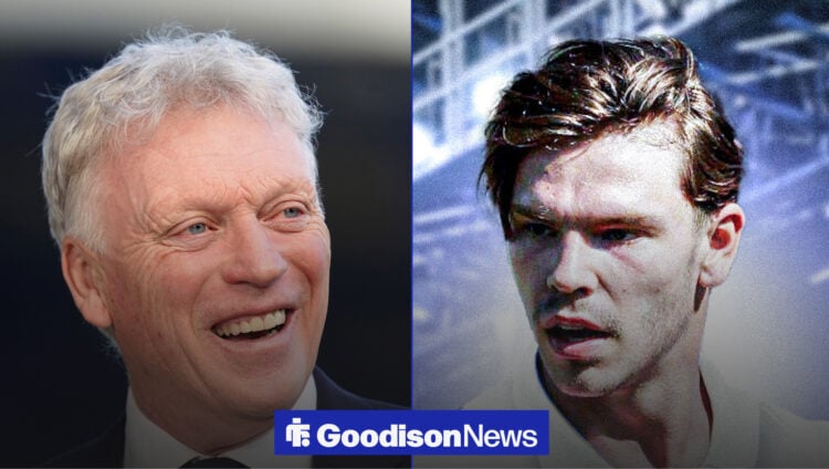 A image of David Moyes smiling, next to an image of Tyler Dibling in Everton's away kit