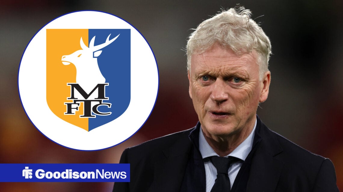 David Moyes looking concerned and Mansfield Town badge in circular frame