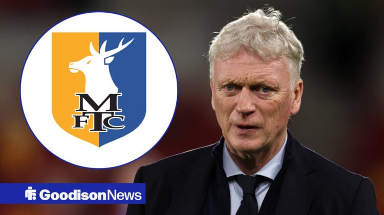 David Moyes looking concerned and Mansfield Town badge in circular frame