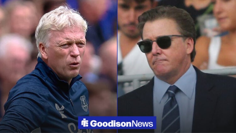 Everton boss David Moyes looking angry and Dan Friedkin.