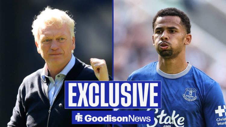 Goodison News exclusive as Everton manager David Moyes punches the air in one half of the image, while Iliman Ndiaye puffs out his cheeks.