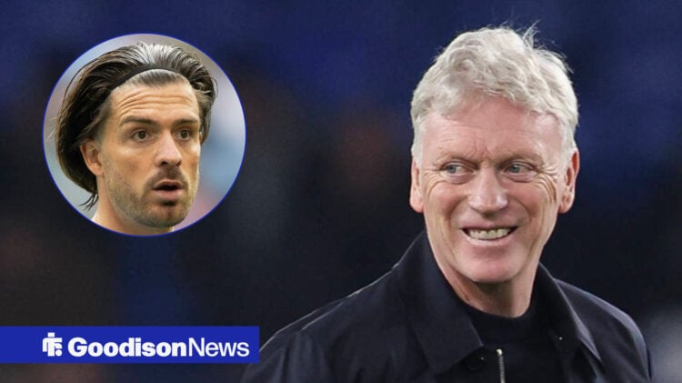David Moyes wearing coat and smiling with Jack Grealish in circular inset