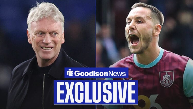 Goodison News exclusive as Everton manager David Moyes smiles at midfielder Josh Brownhill.