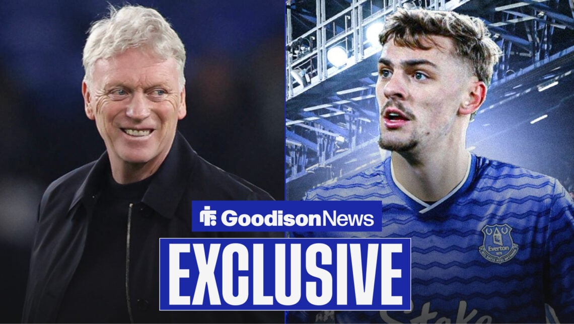 Goodison News exclusive as Everton manager David Moyes smiles at transfer target Kiernan Dewsbury-Hall.