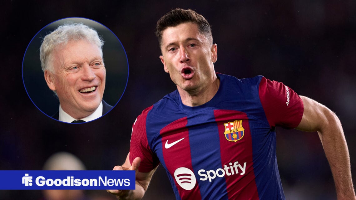 Barcelona star Robert Lewandowski celebrating and David Moyes smiling in circular inset.