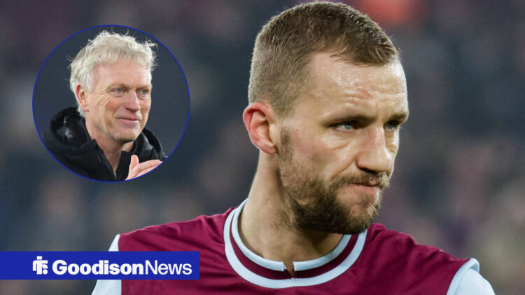 West Ham midfielder Tomas Soucek with David Moyes inset.