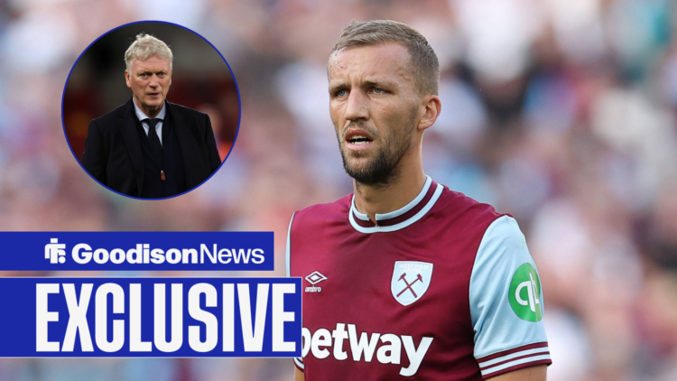 Everton target Tomas Soucek in action, David Moyes in inset.