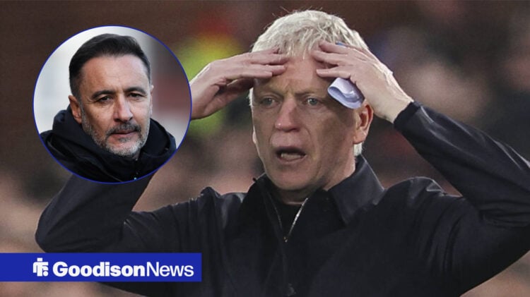 David Moyes has his hands on his head with Vitor Pereira in a circular inset.