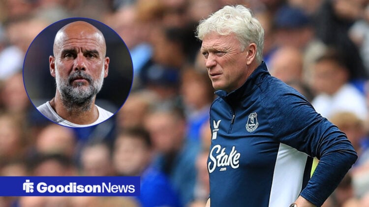 Everton manager David Moyes looks annoyed with an image of Pep Guardiola in a circular inset