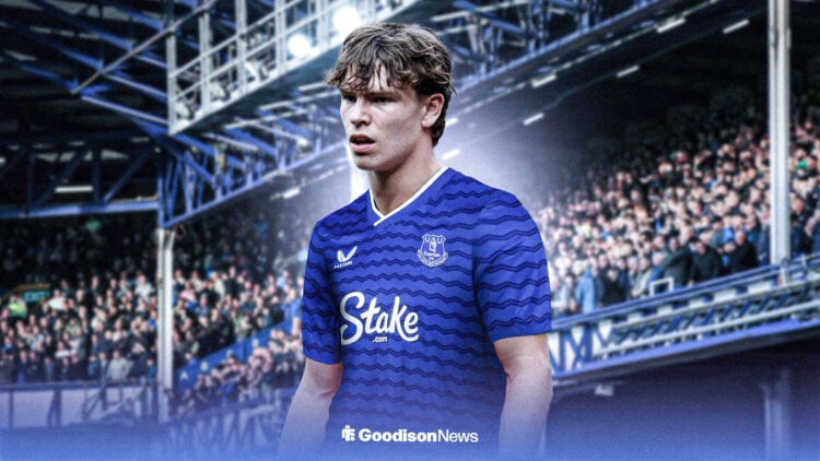 Tyler Dibling wearing the 2025/26 Everton home kit.