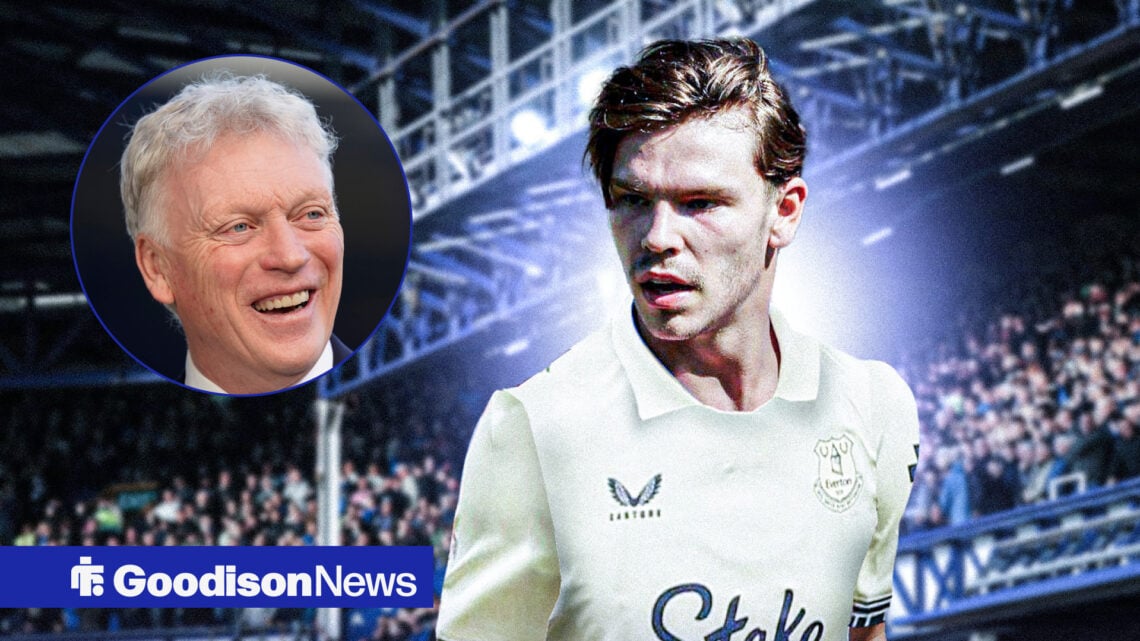 Everton forward Tyler Dibling and David Moyes in circular inset