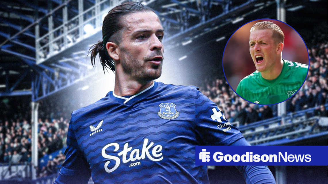 Everton ace Jack Grealish and Jordan Pickford in a circular inset.