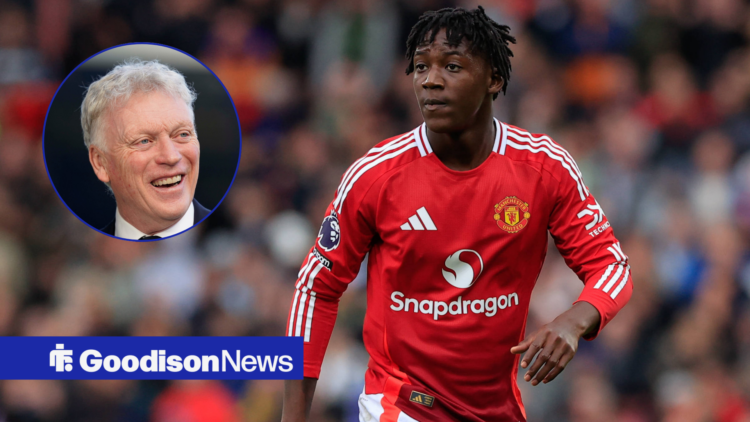 Everton target Kobbie Mainoo and manager David Moyes in a circular inset.