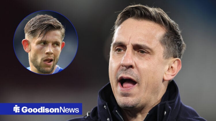 Gary Neville and Everton star James Tarkowski looking confused.