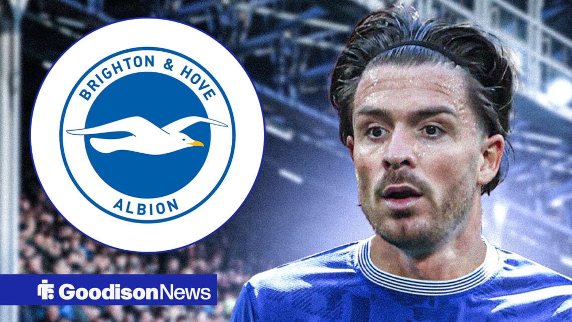 Jack Grealish in Everton home shirt with Brighton badge