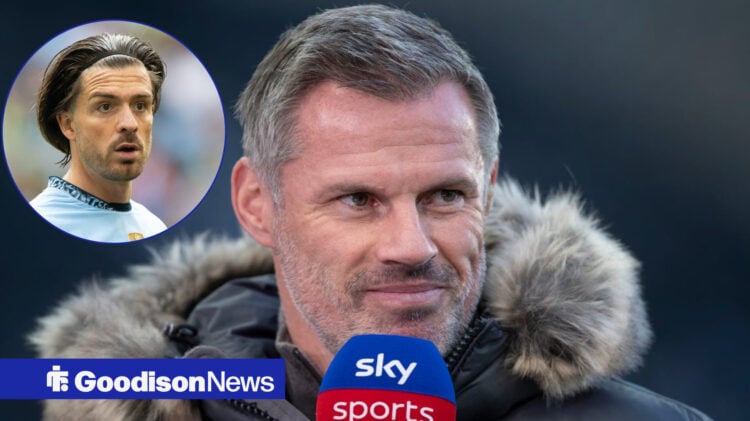 An image of Jamie Carragher on punditry with Jack Grealish in a circular inset.