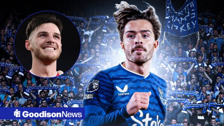 Jack Grealish in an Everton shirt, Declan Rice smiling.