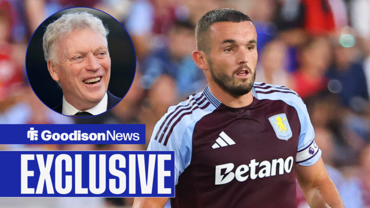 Goodison News exclusive as Everton manager David Moyes smiles at John McGinn.