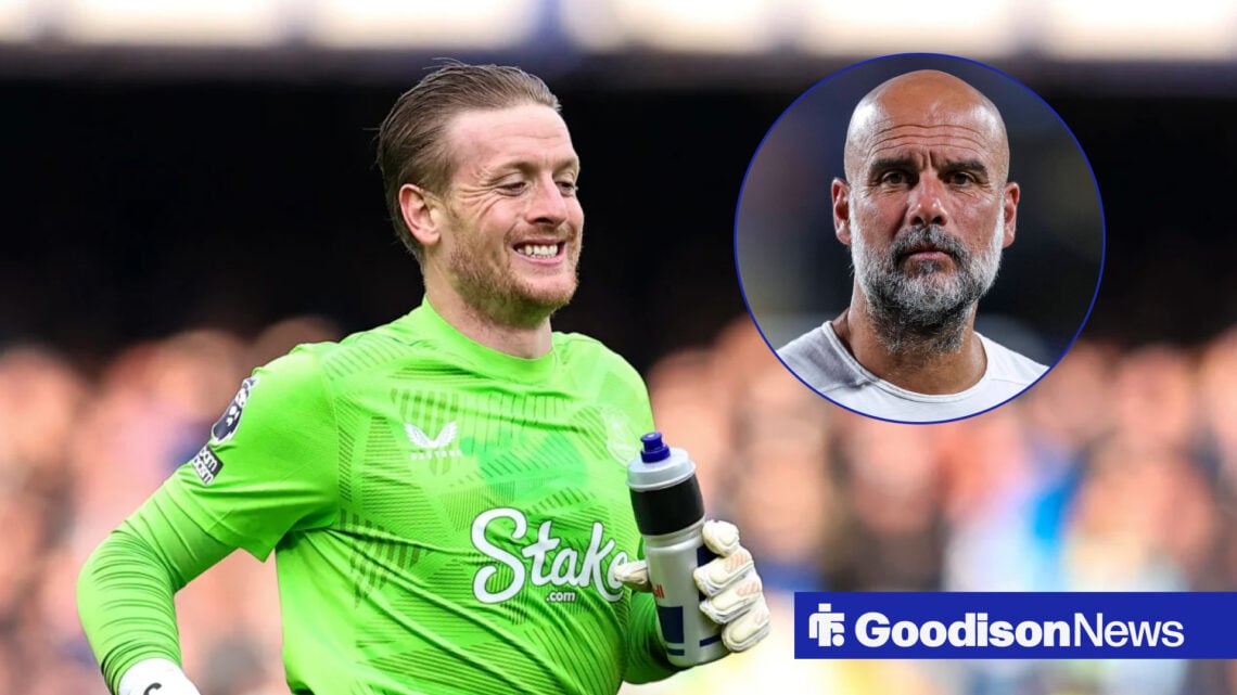 Jordan Pickford jogging and Pep Guardiola in circle