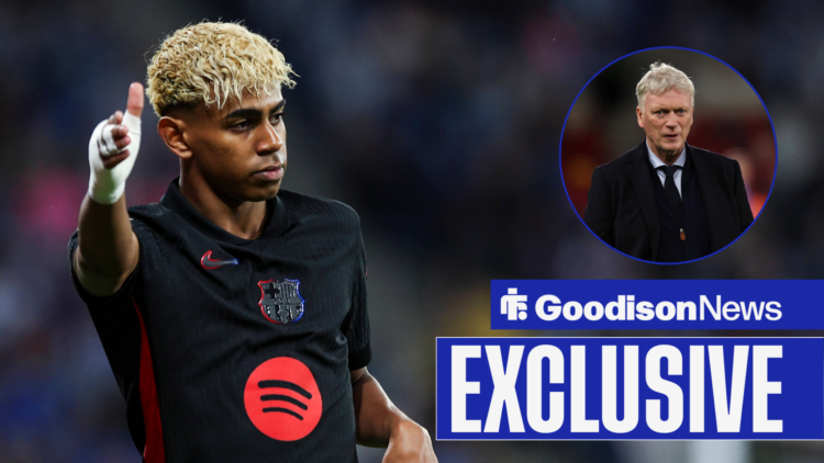 Everton boss David Moyes in inlet, Barcelona star Lamine Yamal in action.