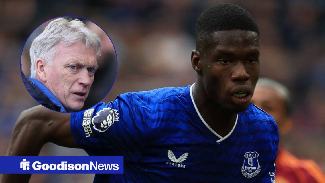 Thierno Barry in action for Everton, with David Moyes in a circular frame