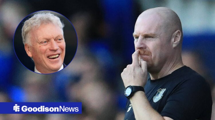 Former Everton coach Sean Dyche looking speculatively to the side, Everton manager dacid Moyes in circular inset