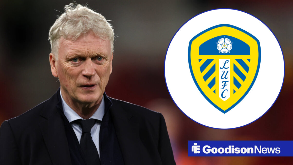 David Moyes looking concerned with Leeds badge inset
