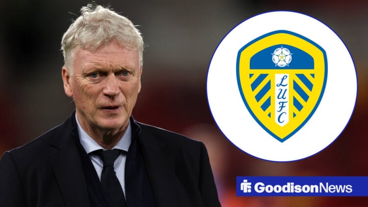 David Moyes looking concerned with Leeds badge inset