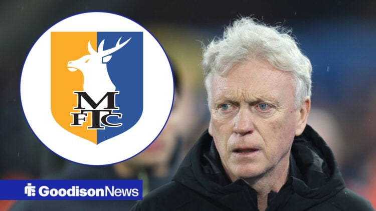 Everton manager David Moyes looking shocked and Mansfield Town logo in circular inset