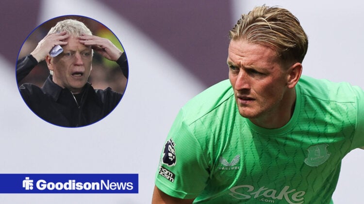 Jordan Pickford playing for Everton with David Moyes looking perplexed